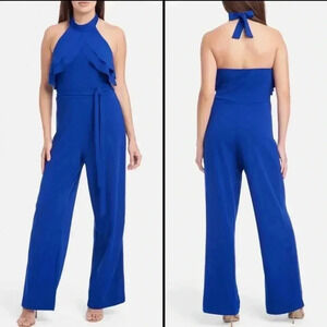 Bebe Halter Jumpsuit Double Ruffle Collar Cobalt Blue 4 / S NWT